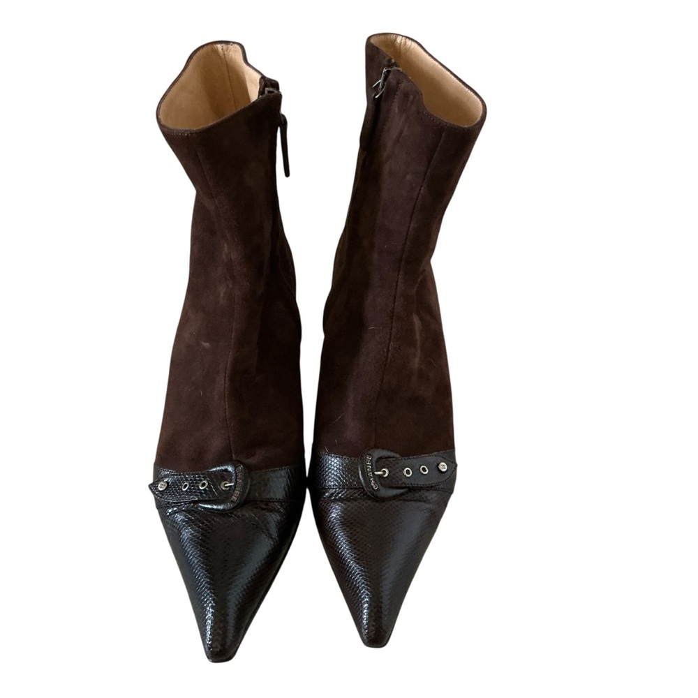 Chanel dark brown kitten heel suede lizard embossed leather ankle boots Sz 38